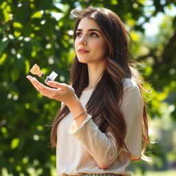 A young white brunette woman stands poised and contemplative as she gently opens her hand, releasing symbolic items that represent her past into the breeze