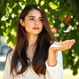 A young white brunette woman stands poised and contemplative as she gently opens her hand, releasing symbolic items that represent her past into the breeze