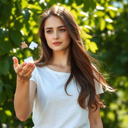 A young white brunette woman stands poised and contemplative as she gently opens her hand, releasing symbolic items that represent her past into the breeze