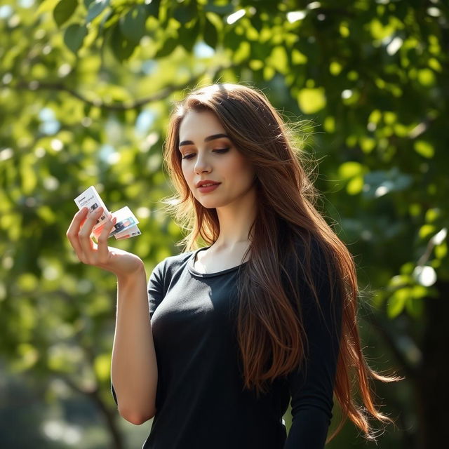 A young white brunette woman stands poised and contemplative as she gently opens her hand, releasing symbolic items that represent her past into the breeze