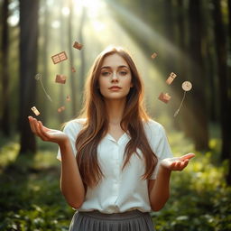 A young white brunette woman stands amidst a tranquil forest, her long brown hair gently swaying in the breeze as she opens her hand to release an array of symbolic items into the air, each representing her past