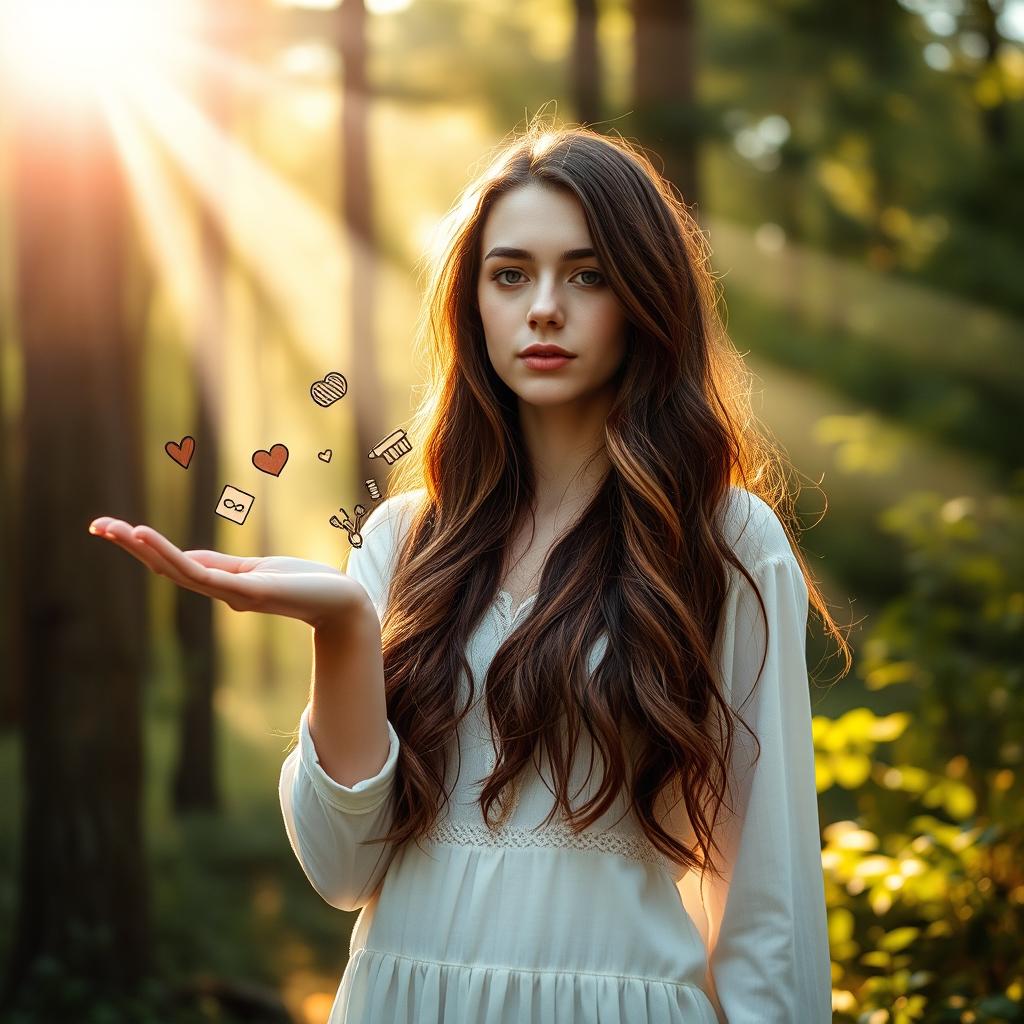 A young white brunette woman stands amidst a tranquil forest, her long brown hair gently swaying in the breeze as she opens her hand to release an array of symbolic items into the air, each representing her past