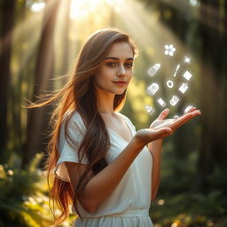 A young white brunette woman stands amidst a tranquil forest, her long brown hair gently swaying in the breeze as she opens her hand to release an array of symbolic items into the air, each representing her past