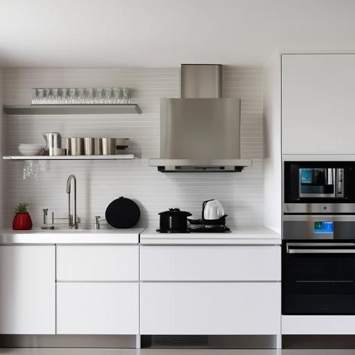 Create a modern kitchen with a stylish chimney, sleek cupboards, a double sink, and an advanced water filter system.