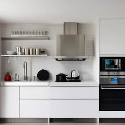 Create a modern kitchen with a stylish chimney, sleek cupboards, a double sink, and an advanced water filter system.