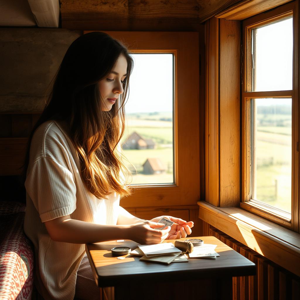 In a cozy room adorned with rustic charm in the English countryside, a young white brunette woman is portrayed in a moment of introspection