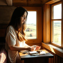 In a cozy room adorned with rustic charm in the English countryside, a young white brunette woman is portrayed in a moment of introspection