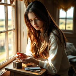 In a cozy room adorned with rustic charm in the English countryside, a young white brunette woman is portrayed in a moment of introspection