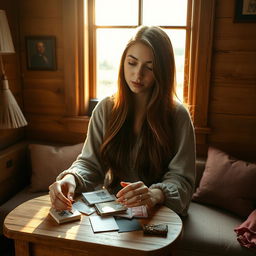 In a cozy room adorned with rustic charm in the English countryside, a young white brunette woman is portrayed in a moment of introspection