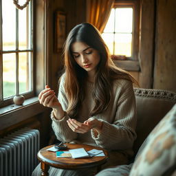 In a cozy room adorned with rustic charm in the English countryside, a young white brunette woman is portrayed in a moment of introspection