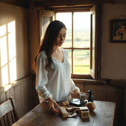 In a quaint, rustic room set in the charming English countryside, a young white brunette woman is captured in a reflective moment