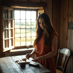 In a quaint, rustic room set in the charming English countryside, a young white brunette woman is captured in a reflective moment