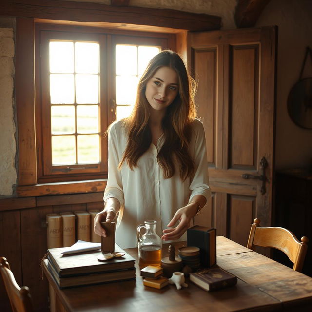 In a quaint, rustic room set in the charming English countryside, a young white brunette woman is captured in a reflective moment