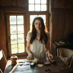 In a quaint, rustic room set in the charming English countryside, a young white brunette woman is captured in a reflective moment