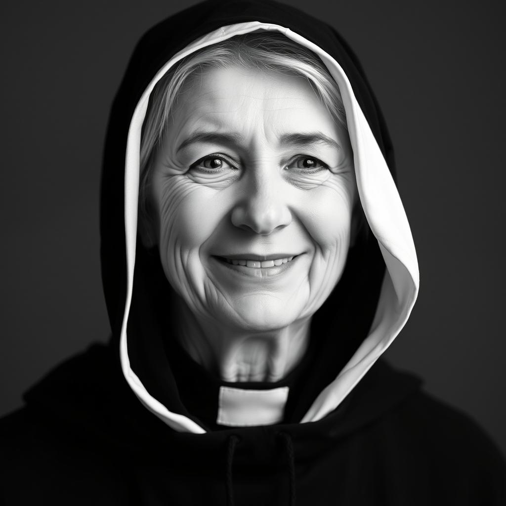 Black and white photographic portrait of a slightly smiling middle-aged woman clad in a black monkish habit with a hood