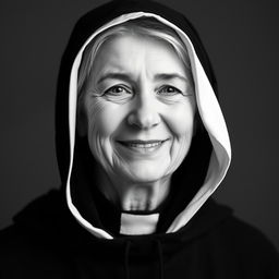 Black and white photographic portrait of a slightly smiling middle-aged woman clad in a black monkish habit with a hood