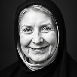 Black and white photographic portrait of a slightly smiling middle-aged woman clad in a black monkish habit with a hood