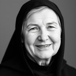 Black and white photographic portrait of a slightly smiling middle-aged woman clad in a black monkish habit with a hood