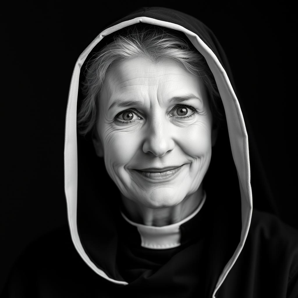 Black and white photographic portrait of a slightly smiling middle-aged woman clad in a black monkish habit with a hood