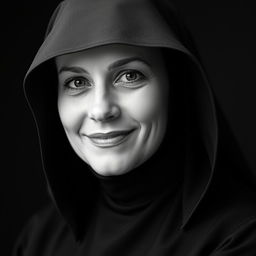 Black and white photographic portrait of a slightly smiling 35-year-old woman dressed in a black monkish habit with a hood