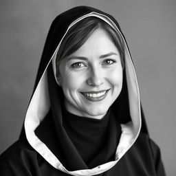 Black and white photographic portrait of a slightly smiling 35-year-old woman dressed in a black monkish habit with a hood