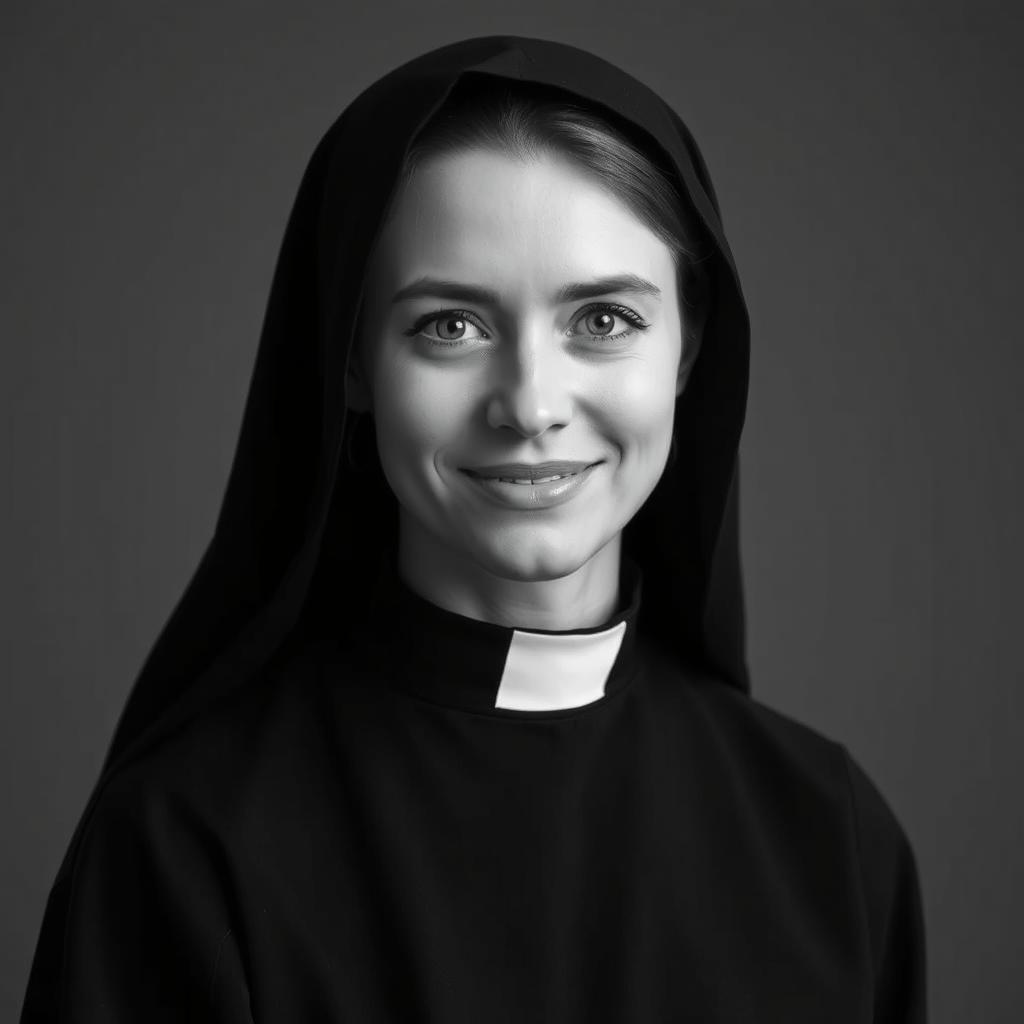 Black and white photographic portrait of a slightly smiling 35-year-old woman dressed in a black monkish habit with a hood