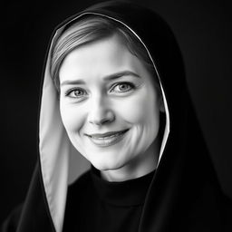 Black and white photographic portrait of a slightly smiling 35-year-old woman dressed in a black monkish habit with a hood