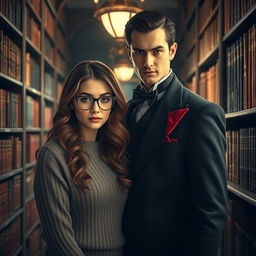 A beautiful bookworm woman and a handsome vampire standing together in a dimly lit library