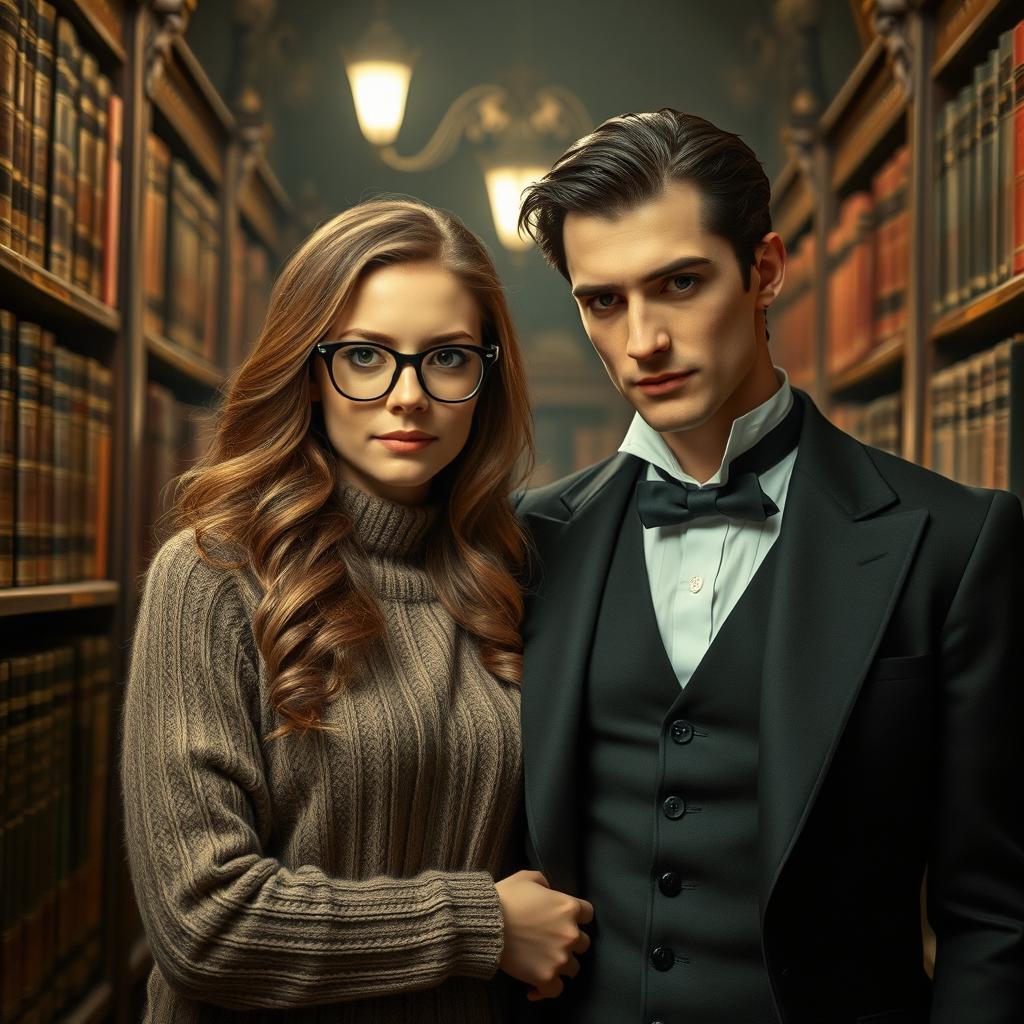 A beautiful bookworm woman and a handsome vampire standing together in a dimly lit library