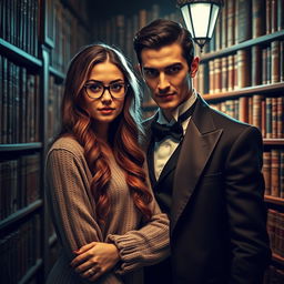 A beautiful bookworm woman and a handsome vampire standing together in a dimly lit library