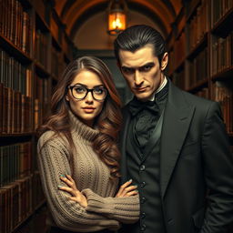 A beautiful bookworm woman and a handsome vampire standing together in a dimly lit library