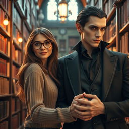 A beautiful bookish woman with glasses and long brown hair, wearing a cozy sweater, gently holding hands with a handsome vampire with sharp features, pale skin, and wearing a stylish dark suit