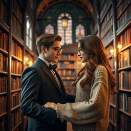 A beautiful bookish woman with glasses and long brown hair, wearing a cozy sweater, gently holding hands with a handsome vampire with sharp features, pale skin, and wearing a stylish dark suit