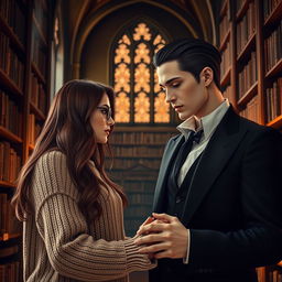 A beautiful bookish woman with glasses and long brown hair, wearing a cozy sweater, gently holding hands with a handsome vampire with sharp features, pale skin, and wearing a stylish dark suit