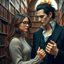 A beautiful bookish woman with glasses and long brown hair, wearing a cozy sweater, gently holding hands with a handsome vampire with sharp features, pale skin, and wearing a stylish dark suit