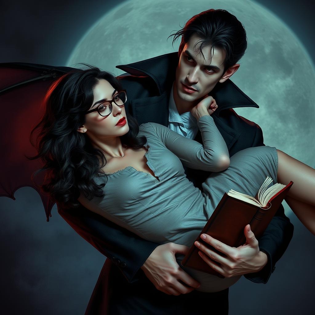 A handsome vampire, exuding an air of mystery and allure, is carrying a beautiful bookish woman in his strong arms