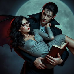 A handsome vampire, exuding an air of mystery and allure, is carrying a beautiful bookish woman in his strong arms