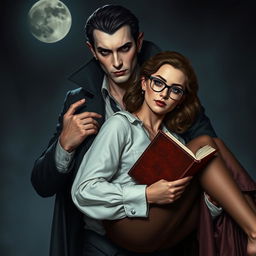 A handsome vampire, exuding an air of mystery and allure, is carrying a beautiful bookish woman in his strong arms