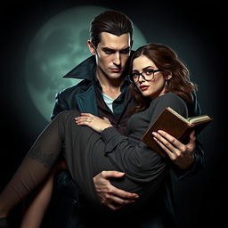 A handsome vampire, exuding an air of mystery and allure, is carrying a beautiful bookish woman in his strong arms