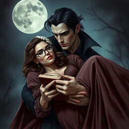 A handsome vampire, exuding an air of mystery and allure, is carrying a beautiful bookish woman in his strong arms