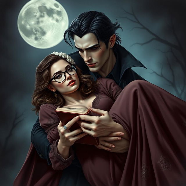 A handsome vampire, exuding an air of mystery and allure, is carrying a beautiful bookish woman in his strong arms