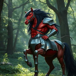 a majestic male centaur with striking red skin and long flowing black hair, adorned in gleaming steel armor that highlights his muscular form, standing proudly in a lush green forest clearing, with sunlight filtering through the canopy, creating a mystical atmosphere