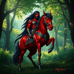 a majestic male centaur with striking red skin and long flowing black hair, adorned in gleaming steel armor that highlights his muscular form, standing proudly in a lush green forest clearing, with sunlight filtering through the canopy, creating a mystical atmosphere