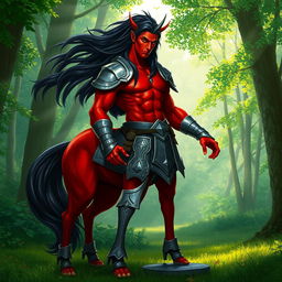 a majestic male centaur with striking red skin and long flowing black hair, adorned in gleaming steel armor that highlights his muscular form, standing proudly in a lush green forest clearing, with sunlight filtering through the canopy, creating a mystical atmosphere