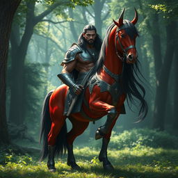 a majestic male centaur with striking red skin and long flowing black hair, adorned in gleaming steel armor that highlights his muscular form, standing proudly in a lush green forest clearing, with sunlight filtering through the canopy, creating a mystical atmosphere