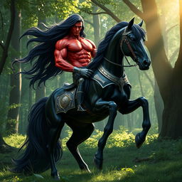 a majestic male centaur with striking red skin and long flowing black hair, wearing gleaming steel armor that highlights his muscular form, with the horse half of his body being a sleek, glossy black, standing proudly in a lush green forest clearing, sunlight filtering through the canopy creating a mystical atmosphere