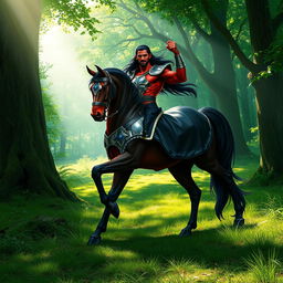 a majestic male centaur with striking red skin and long flowing black hair, wearing gleaming steel armor that highlights his muscular form, with the horse half of his body being a sleek, glossy black, standing proudly in a lush green forest clearing, sunlight filtering through the canopy creating a mystical atmosphere