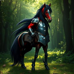 a majestic male centaur with striking red skin and long flowing black hair, wearing gleaming steel armor that highlights his muscular form, with the horse half of his body being a sleek, glossy black, standing proudly in a lush green forest clearing, sunlight filtering through the canopy creating a mystical atmosphere