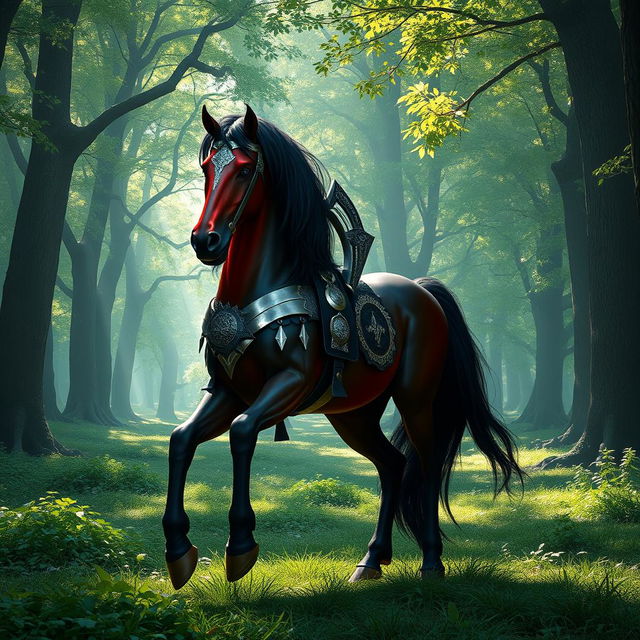 a majestic male centaur with striking red skin and long flowing black hair, wearing gleaming steel armor that highlights his muscular form, with the horse half of his body being a sleek, glossy black, standing proudly in a lush green forest clearing, sunlight filtering through the canopy creating a mystical atmosphere