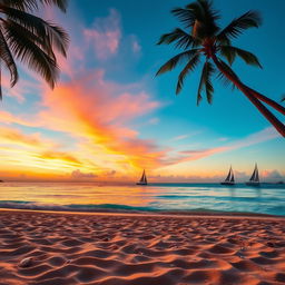 A serene beach at dusk with a deep orange and pink sky, shimmering turquoise waters, and gently swaying palm trees